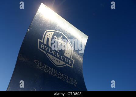 Golf - 40. Ryder Cup - Praxis Tag zwei - Gleneagles. Eine allgemeine Ansicht eines Ryder Cup-Zeichens vor Beginn eines Trainings auf dem Gleneagles Golf Course, Perthshire. Stockfoto