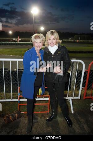 Gloria Hunniford (links) und Anthea Turner nehmen an der Kart Race Charity Challenge der Caron Keating Foundation im Dayona Sandown Park in Esher Teil. Stockfoto