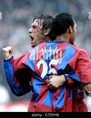 Die Fitz Hall von Crystal Palace feiert mit seinem Teamkollegen Tony Popovic (links), nachdem er am Samstag, den 23. Oktober 2004, im Barclays Premiership-Spiel im Selhurst Park, London, gegen West Bromwich Albion Punkten konnte. Stockfoto