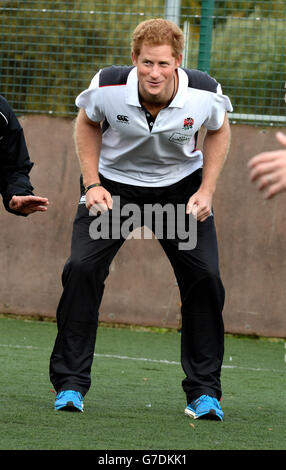 Prince Harry, Patron des England Rugby's All Schools Program, nimmt an einer Lehrerausbildung und einem Rugby Festival im Eccles Rugby Club in Eccles Greater Manchester Teil. Stockfoto