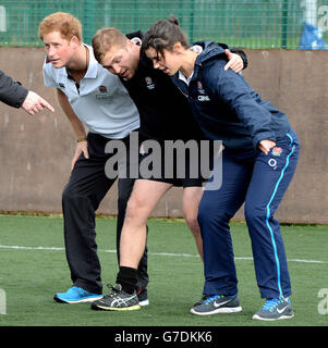 Prince Harry, Patron des England Rugby's All Schools Program, nimmt an einer Lehrerausbildung und einem Rugby Festival im Eccles Rugby Club in Eccles Greater Manchester Teil. Stockfoto