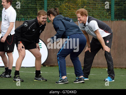 Prince Harry, Patron des England Rugby's All Schools Program, nimmt an einer Lehrerausbildung und einem Rugby Festival im Eccles Rugby Club in Eccles Greater Manchester Teil. Stockfoto