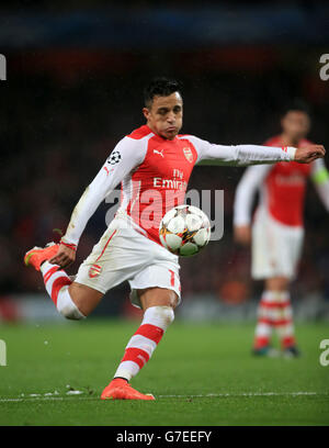 Alexis Sanchez von Arsenal schießt beim UEFA Champions League-Spiel der Gruppe D im Emirates Stadium in London das zweite Tor seines Mannschaftsspiels ein. DRÜCKEN Sie VERBANDSFOTO. Bilddatum: Dienstag, 4. November 2014. Siehe PA Geschichte FUSSBALL Arsenal. Das Foto sollte Nick Potts/PA Wire lauten. Stockfoto