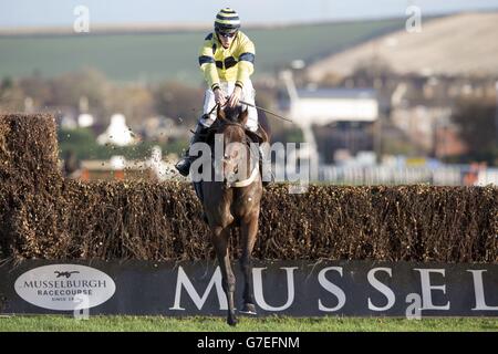 Waltz Darling räumt den letzten Zaun während der Border Safeguard Novices' Limited Handicap Chase zum ersten Mal auf der Musselburgh Racecourse, East Lothian. Stockfoto