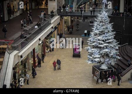 Einkäufer im Einkaufszentrum Cabot Circus in Bristol halten an, um während der zweiminütigen Stille um 11 Uhr zum Waffenstillstandstag ihren Respekt zu zollen. Stockfoto