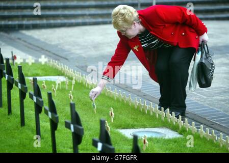 Eine Frau stellt ein Kreuz in den Garten der Erinnerung im Rathaus von Belfast, bevor sie um 11 Uhr GMT für eine zweiminütige Stille im Kenotaph im Stadtzentrum von Belfast zum Gedenken an die Soldaten und Frauen, die während des Krieges ihr Leben gaben, anhält. Stockfoto