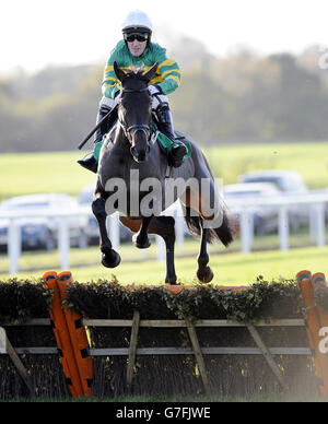 Tony McCoy macht beim Fishers Cross und Jockey einen ungeschickten Sprung, da er beim Bet 365 Hürdenlauf beim Charlie Hall Chase Day auf der Wetherby Racecourse ein gezwingter Favorit ist. Stockfoto