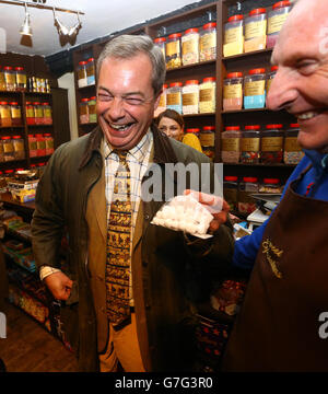 UKIP-Führer Nigel Farage kauft Süßigkeiten von John Baldock, dem Besitzer des Sweet Expectations-Shops in Rochester, nachdem sein Geschäft eine Kundenumfrage über Süßigkeiten durchgeführt hatte, die zugunsten der Partei gekauft wurden, um die Nachwahl von Rochester und Strood anzufechten. Stockfoto