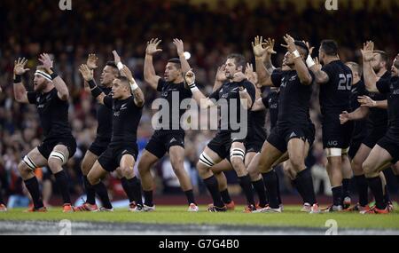 Rugby Union - Dove Men Series 2014 - Wales / Neuseeland - Millennium Stadium. Der Neuseeländer Richie McCaw und sein Team spielen den Haka vor dem Spiel der Dove Men Series im Millennium Stadium, Cardiff. Stockfoto