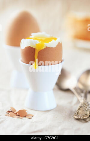 Weich gekochtes Ei in den Stand mit den aktuellen Dotter gegen andere Eiern zum Frühstück Stockfoto