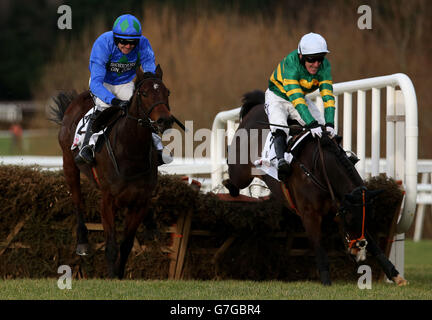 Hurricane Fly von Ruby Walsh auf dem Weg zum Gewinn der Hürde des irischen BHP Insurances-Champions auf dem Hurdle Day des BHP Insurance Champion auf der Leopardstown Racecourse in Dublin macht Jezki auf dem Weg von Tony McCoy die letzte Runde. DRÜCKEN SIE ASOCIATION Photo. Bilddatum: Sonntag, 25. Januar 2015. Siehe PA Geschichte RENNEN Leopardstown. Das Foto sollte lauten: Brian Lawless/PA Wire Stockfoto