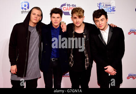 (L-R) Lewi Morgan, Charley Bagnall, Danny Wilkin und Jake Roche von Rixton nehmen am Capital Jingle Bell Ball 2014 in der O2 Arena in London Teil. DRÜCKEN Sie VERBANDSFOTO. Bilddatum: Sonntag, 7. Dezember 2014. Bildnachweis sollte lauten: Ian West/PA Wire Stockfoto