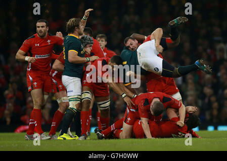 Rugby Union - Dove Men Series 2014 - Wales / Südafrika - Millennium Stadium. Sam Warburton von Wales tagt den Südafrikaner Victor Tendai Mtawarira während des Spiels der Dove Men Series im Millennium Stadium, Cardiff. Stockfoto