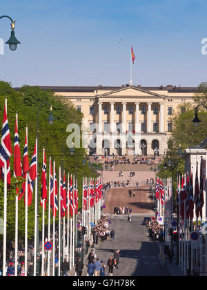 Karl Johan Straße in der norwegischen Hauptstadt Oslo, die Parade Fahnen führt bis in das königliche Schloß, Feierlichkeiten zum Tag der Verfassung Stockfoto