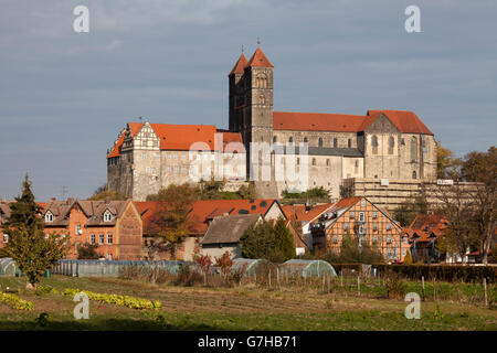 Stiftskirche St. Servatius und Schloss auf dem Schlossberg Hill, Quedlinburg, UNESCO-Weltkulturerbe, Harz-Bereich Stockfoto