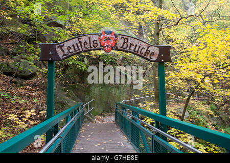 Teufelsbruecke Brücke am Goetheweg, Bodetal oder Bode Gorge Nature Reserve, Thale, Harz, Sachsen-Anhalt, PublicGround Stockfoto