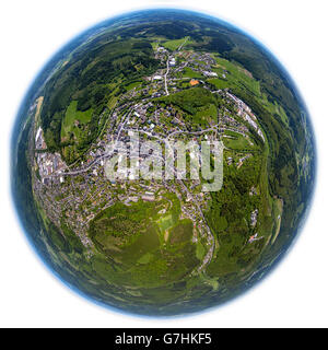 Luftbild, Übersicht, fisheye Bild, fisheye, Panorama Aussicht, Luftaufnahme, Bad Laasphe, Siegen-Wittgenstein, Stockfoto