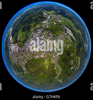 Luftbild, Übersicht, fisheye Bild, fisheye, Panorama Aussicht, Luftaufnahme, Bad Laasphe, Siegen-Wittgenstein, Stockfoto