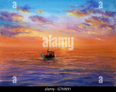 Original abstraktes Ölgemälde Fischerboot und Meer auf Leinwand. Reichen goldenen Sonnenuntergang über Meer. Moderne Impressionismus Stockfoto