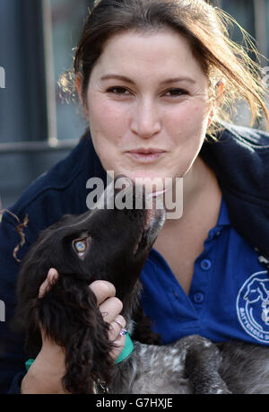 Natalie Ingham, eine Hundeschutztrainerin, beim Battersea Dogs and Cats Home in London. Stockfoto