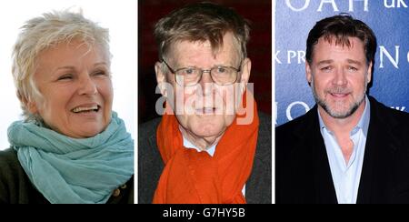 Fotos von (von links) Julie Walters, Alan Bennett und Russell Crowe. Stockfoto