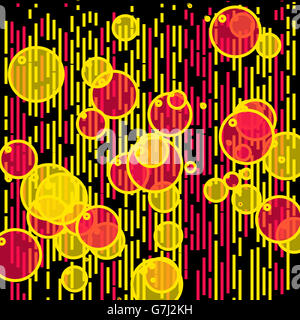 Bunte Bläschen und Liniensegmente in Fuchsia und gelb Tönen auf einem schwarzen Hintergrund. Geometrische algorithmische digitale Kunst. Stockfoto