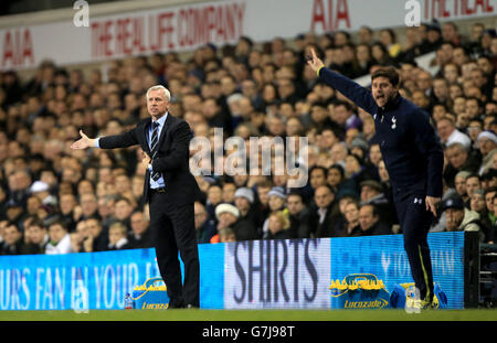 Newcastle United-Manager Alan Pardew (links) und Tottenham Hotspur-Manager Mauricio Pochettino (rechts) am Touchline während des Capital One Cup Quarter Final in der White Hart Lane, London. DRÜCKEN SIE VERBANDSFOTO. Bilddatum: Mittwoch, 17. Dezember 2014. Siehe PA Geschichte FUSSBALL Tottenham. Das Foto sollte lauten: Nick Potts/PA Wire. EINSCHRÄNKUNGEN: Nur für redaktionelle Zwecke. Maximal 45 Bilder während eines Matches. Keine Videoemulation oder Promotion als „live“. Keine Verwendung in Spielen, Wettbewerben, Werbeartikeln, Wetten oder Einzelclub-/Spielerdiensten. Keine Verwendung mit inoffiziellen Audio-, Video-, Daten-, Einspannungen oder Stockfoto