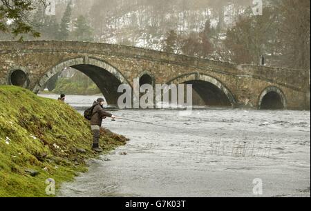 Die schottische Lachssaison beginnt. Ein Angler am Fluss Tay in Schottland am ersten Tag der Lachsfischereisaison. Stockfoto