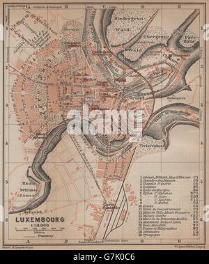 Antike Stadt LUXEMBURG Luxemburg planen Carte. BAEDEKER, 1905 Antike Landkarte Stockfoto