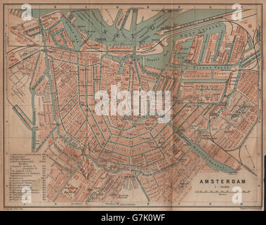 AMSTERDAM Stadt der antiken Stadt Stadsplan. Niederlande-Kaart. BAEDEKER, 1905-Karte Stockfoto