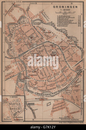 GRONINGEN antiken Stadt Stadt Stadsplan. Niederlande-Kaart. BAEDEKER, 1905-Karte Stockfoto