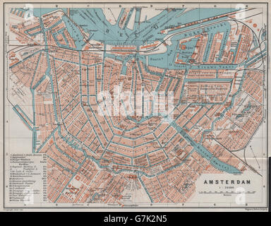 AMSTERDAM Stadt der antiken Stadt Stadsplan. Niederlande-Kaart. BAEDEKER, 1910-Karte Stockfoto