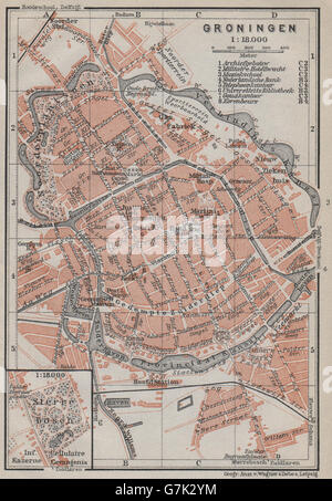 GRONINGEN antiken Stadt Stadt Stadsplan. Niederlande-Kaart. BAEDEKER, 1910-Karte Stockfoto