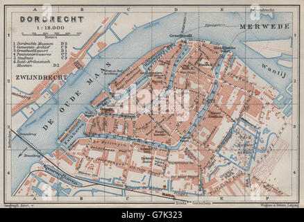 DORDRECHT antiken Stadt Stadt Stadsplan. Niederlande-Kaart. BAEDEKER, 1910-Karte Stockfoto
