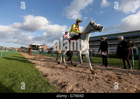 Pferderennen - Betfred Classic Chase Day - Warwick Racecourse. Grand Vision mit Brendan Powell (rechts) machen sich auf den Weg zum Start des Betfred Mobile Hampton Novices' Chase Stockfoto