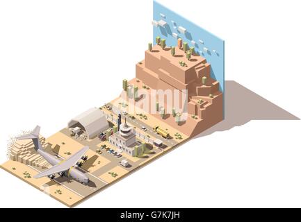 Vektor-isometrische low-Poly-Wüste Flughafen-terminal-Gebäude und dem Kontrollturm mit humanitären Frachtflugzeug Landung auf Staub Landebahn, LKW entladen Boxen durch Gabelstapler im hangar Stock Vektor