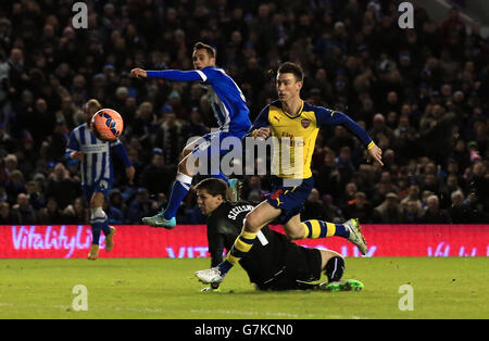 Sam Baldock von Brighton und Hove Albion kommt am Arsenal-Torwart vorbei Wojciech Szczesny, um seine Seiten zweiten Tor der Übereinstimmung Stockfoto