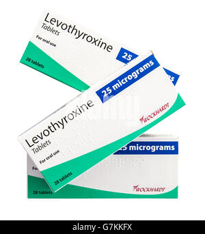 Drei Kisten von 25 Mikrogramm-Tabletten von Levothyroxin verwendet als Medikament zur Behandlung von Hypothyreose Stockfoto