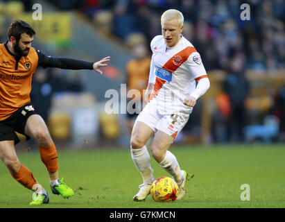 Fußball - Sky Bet Championship - Wolverhampton Wanderers gegen Blackpool - Molineux Stadium. David Perkins von Blackpool (rechts) in Aktion mit Jack Price von Wolverhampton Wanderers Stockfoto