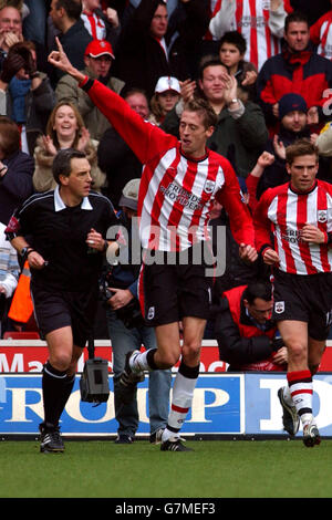 FA Barclays Premiership - Southampton / Liverpool - St Mary's Stadium. Peter Crouch von Southampton feiert den Torreigen. Stockfoto