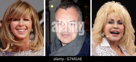 Fotos von (von links) Kate Garraway, Graham Norton und Dolly Parton. Stockfoto