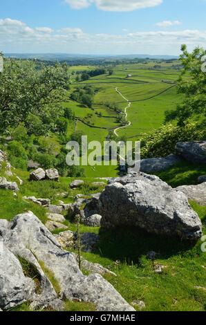 Blick aus dem Kalkstein Pflaster über Malham Cove, Yorkshire Dales National Park, in der Nähe von Settle, West Yorkshire Stockfoto