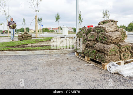 Stapel, rollt auf Holzpalette für die Installation von neuen Rasen, entrollen Rasen Heap von Sod. Stockfoto