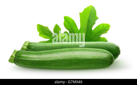 Isolierte Zucchini. Zwei Zucchini oder Zucchini isoliert auf weißem Hintergrund mit Beschneidungspfad Stockfoto