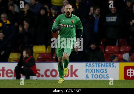 Fußball - Sky Bet Championship - Watford gegen Blackburn Rovers - Vicarage Road. Heurelho Gomes von Watford feiert ihr erstes Tor Stockfoto