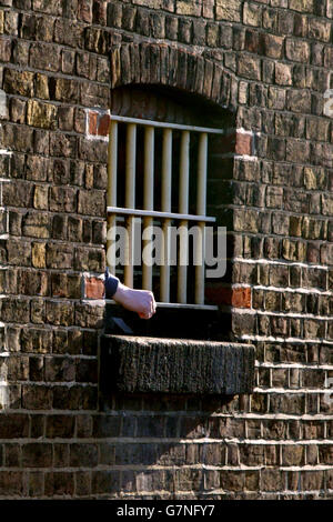 Cheif Inspector of Prisons Report - HM Prison Chelmsford. Eine Hand erscheint durch ein Zellenfenster. Stockfoto