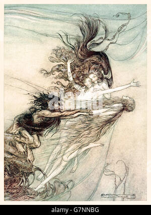 "Die Rheintöchter Hänseleien Alberich" aus "Das Rheingold & Walküre" illustriert von Arthur Rackham (1867-1939), veröffentlicht im Jahr 1910. WOGLINDE, Wellgunde und Flosshilde toben und necken der Nibelung Alberich. Stockfoto