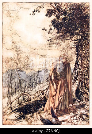 "Brunnhilde steht für eine lange Zeit verwirrt und bestürzt" aus "Das Rheingold & Walküre" illustriert von Arthur Rackham (1867-1939), veröffentlicht im Jahr 1910. Brünnhilde ist entsetzt, dass ihr Vater Wotan Hunding gewinnt den Kampf gegen Siegmund, geliebter Sohn Wotans gewährleisten will. Stockfoto