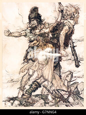 "Fasolt plötzlich packt Freia und zerrt sie auf der einen Seite mit Fafner" aus "Das Rheingold & Walküre" illustriert von Arthur Rackham (1867-1939), im Jahre 1910 veröffentlicht. Die Riesen Fasolt und Fafner nehmen Fricka Schwester Freia, die Göttin der Jugend und Schönheit und weibliche Liebe, im Gegenzug für ein Schloss bauen, wie von Wotan vereinbart. Stockfoto