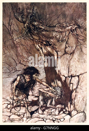 "Mime, heulen." Ohe! Ohe! Oh! "Oh!" "aus"Das Rheingold & Walküre"illustriert von Arthur Rackham (1867-1939), im Jahre 1910 veröffentlicht. Alberich den Rest der Nibelungen Zwerge mit der Macht des Ringes versklavt und zwingt seinen Bruder Mime einen magischen Helm, den Tarnhelm zu erstellen. Stockfoto